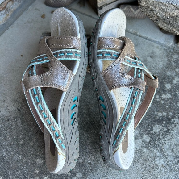 Skechers Reggae Gray & Teal leather Women's Slide Sandals Sz-6. Q - Picture 4 of 13